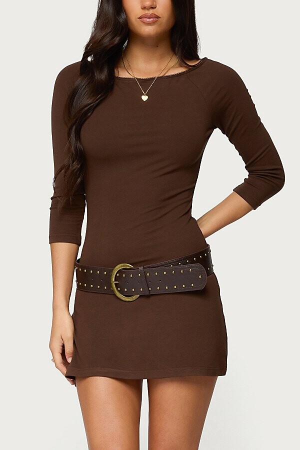 Edikted Jadey Boat Neck Mini Dress in Brown