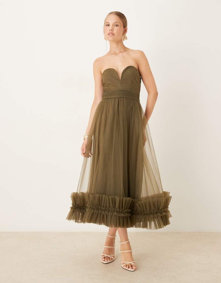 Lace & Beads corset tulle ruffle hem midaxi dress in deep olive