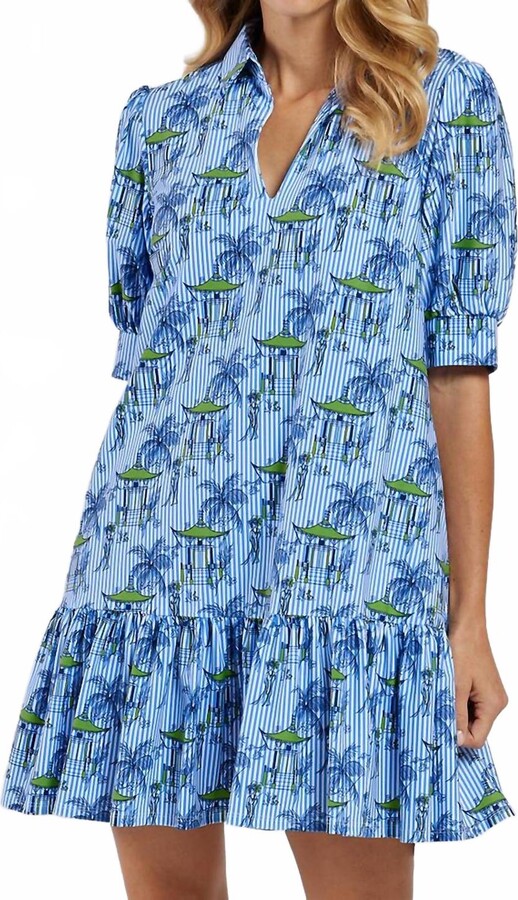 JUDE CONNALLY Tierney Dress In Pagoda Pinstripe Blue