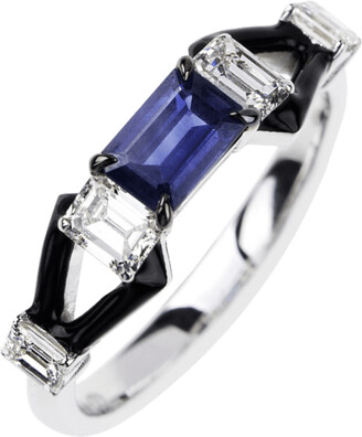 Nikos Koulis Oui 18k White Gold Black Enamel & Sapphire Ring w/ Diamonds, SIze 6.5