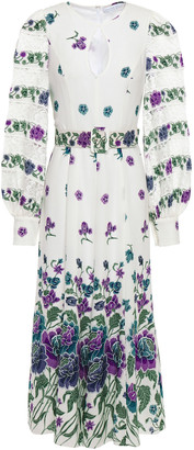 Andrew Gn Belted Cutout Floral-print Silk-blend Crepe Midi Dress