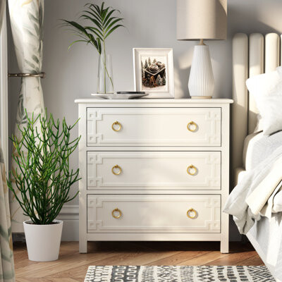 Breakwater Bay Farmhouse White 3-Drawer Dresser Fully-Assembled French Country Chest Of Drawers With Embossed Geometric Lines