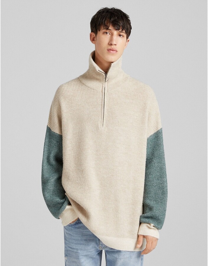 Bershka half zip knitted sweater in beige - ShopStyle