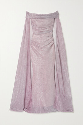 Talbot Runhof Off-the-shoulder Cape-effect Metallic Voile Gown - Pink