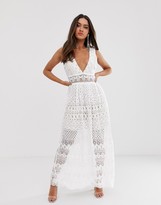 Thumbnail for your product : Love Triangle plunge front delicate lace maxi dress in white