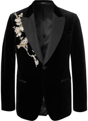 Alexander McQueen Slim-Fit Embellished Silk Grosgrain-Trimmed Cotton-Velvet Blazer