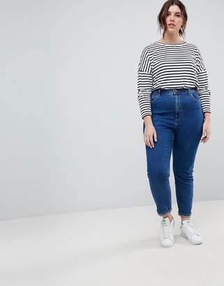 ASOS Curve Design Curve Farleigh High Waist Slim Mom Jeans In Deep Flat Blue Wash