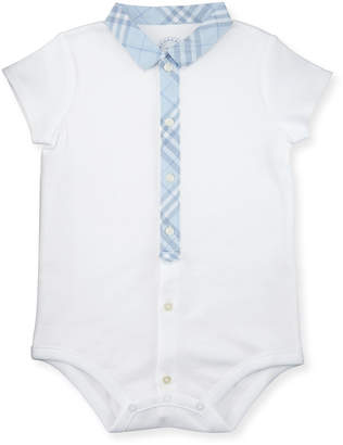 Burberry Tannar Check-Placket Jersey Playsuit, Ice Blue/White, Size 3-24 Months