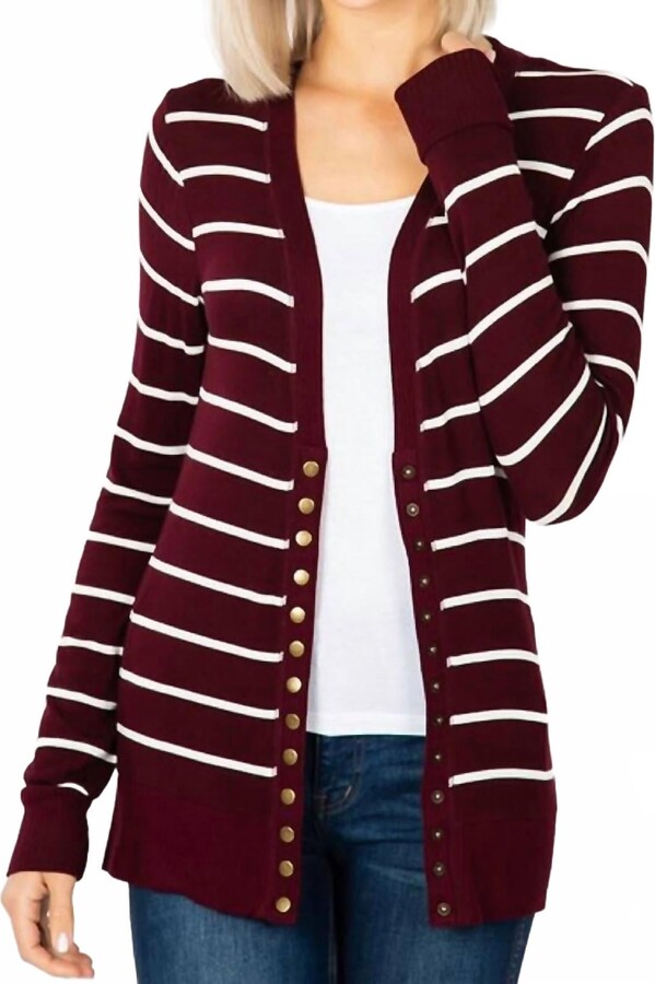 Zenana Striped Snap Full Sleeve Cardigan In Dark Burgundy