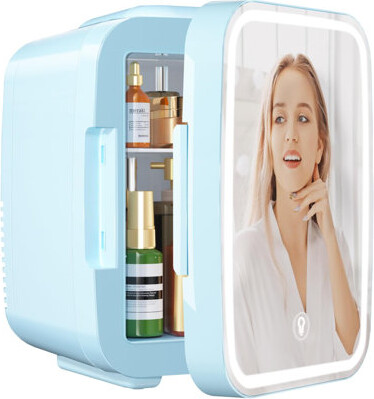YASHE Skincare Fridge Mini Fridge for Bedroom with Dimmable LED Mirror, 4Liter/6 Cans Cooler and Warmer for Makeup, Cosmetic, Beauty, Portable Refrige