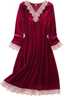 DEBAIJIA Women Sleepwear Pajama Robe Golden Velvet Dressing Gown Nightdress  Nightgown Cozy Long Ladies Nightwear Breathable (Burgundy-XL) - ShopStyle