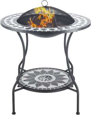 30" Outdoor Fire Pit Dining Table, 3-In-1 Round Wood Burning Fire Pit Bowl, Patio Ice Bucket With Storage Shelf, Spark Screen Cover