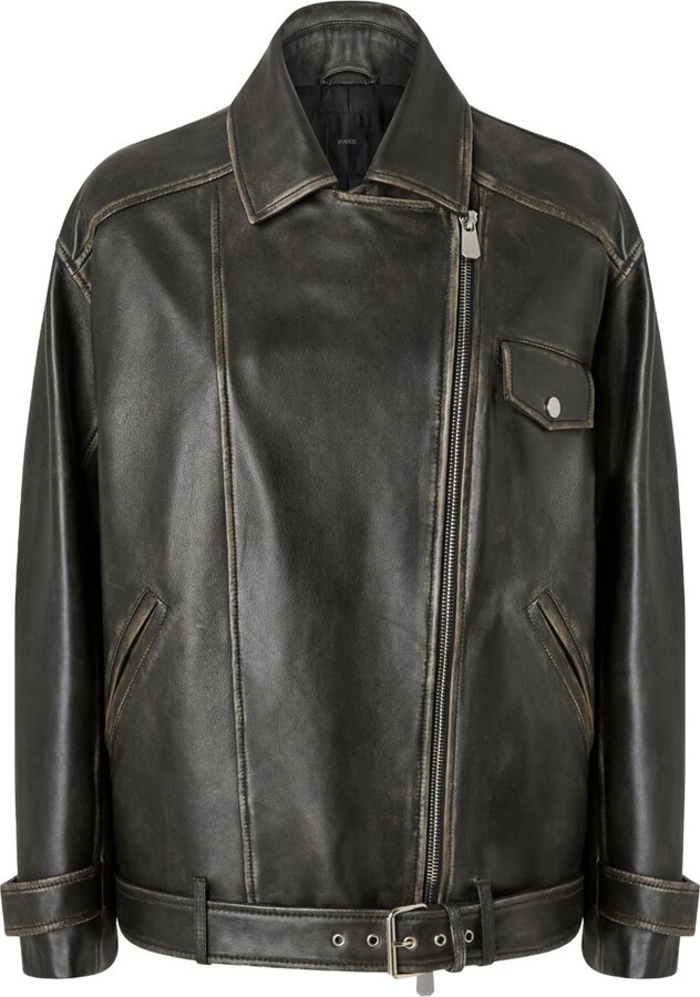 Pinko Asymmetrical Front Zipper Black Leather Jacket
