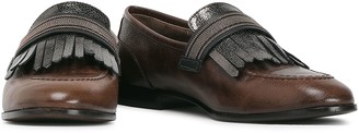 Brunello Cucinelli Fringed Bead-embellished Metallic Smooth And Textured-leather Loafers
