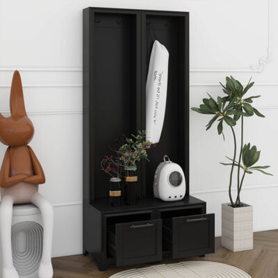Elegant Free Standing Hall Tree Set Of 2, 3-In-1 Entryway Coat Rack With Black Retro Handles, Seating Bench With Storage Drawers