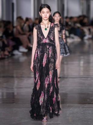 Giambattista Valli Floral-print Lace-trimmed Silk Gown - Black Multi