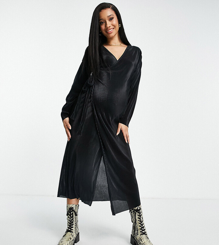 Topshop Maternity plisse wrap midi dress in Black - ShopStyle