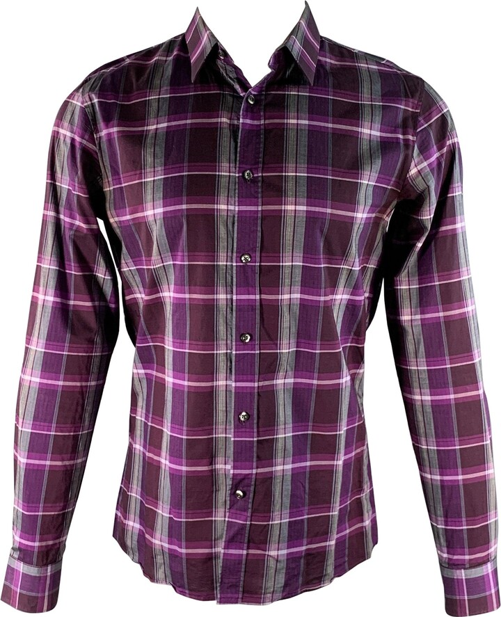 HUGO BOSS Size M Purple Grey Plaid Cotton Long Sleeve Shirt