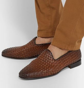 Santoni Woven Burnished-Leather Loafers