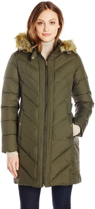 Larry Levine Women's Long Down Coat with Side Tabs and Hood