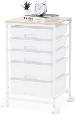 Latitude Run Utility Cart With 5 Drawers,Storage Drawer Cart With Wooden Tabletop And Lockable Wheels,Craft Storage Trolley Cart,5-Tier Rolling Utility Cart On Whe