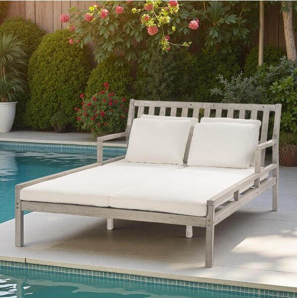 EPOCH VENTS OutdoorPatioAcaciaWoodDoubleDaybedSunbedwithFourPillows