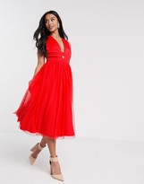 Thumbnail for your product : ASOS Petite DESIGN Petite Exclusive tulle cross plunge midi dress in red