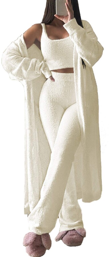 Fixmatti Women's Fuzzy 3 Piece Sweatsuit Open Front Cardigan Crop Tank Tops  Wide Legs Pants Lounge Sets (Small - ShopStyle