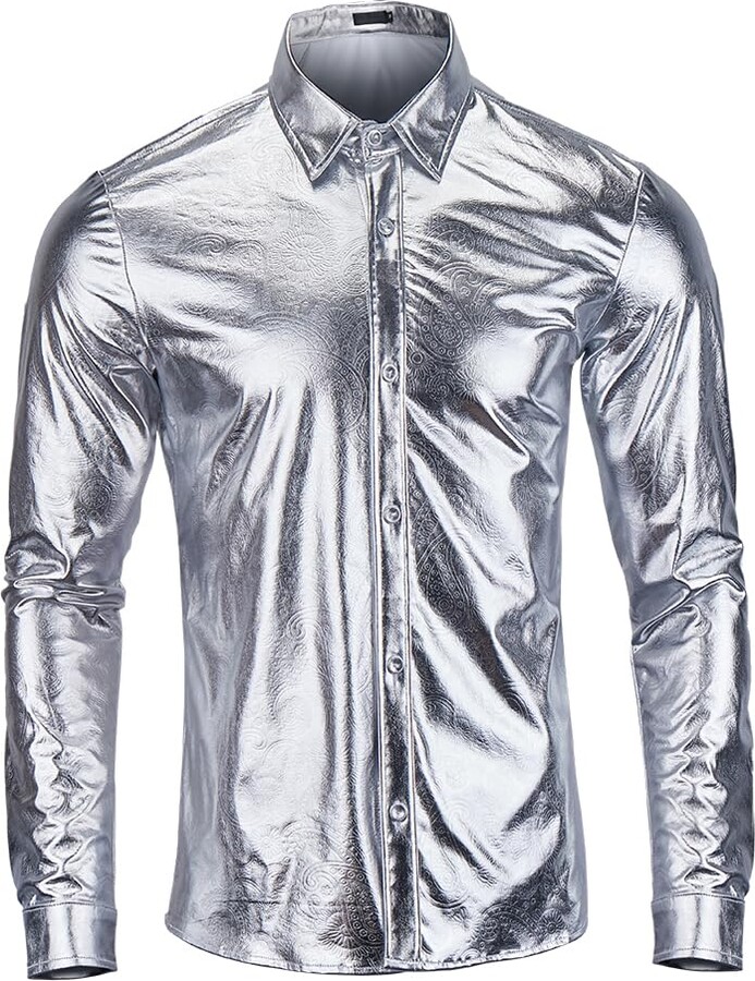 Arjen Kroos Men's Metallic Shiny Nightclub Styles Long Sleeve Shirt ...