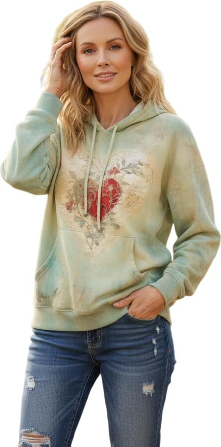 TIAFORD Women's Romantic Hoodie Pastel Green Heart Floral Print Vintage Vibe Pullover for Dating Casual Walks Spring Outings