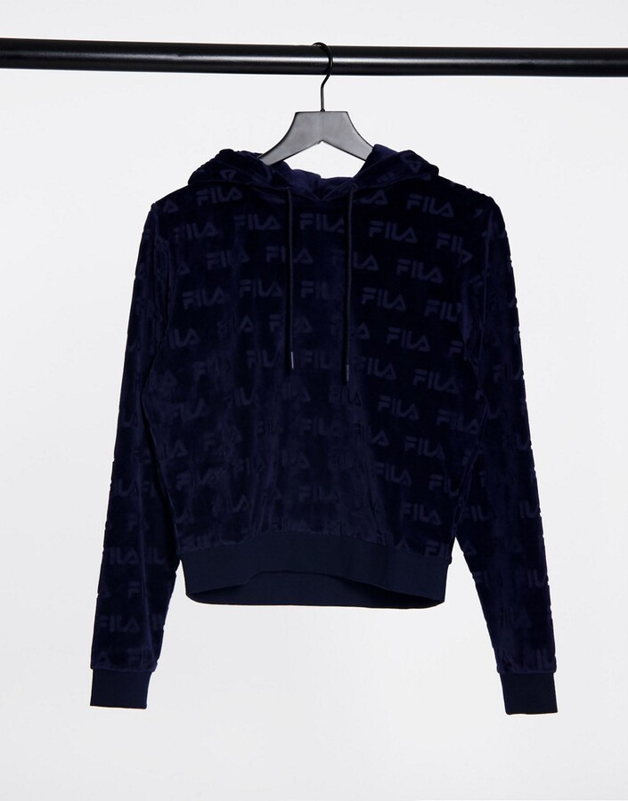 Fila velour all-over print hoodie in navy - ShopStyle