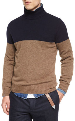 Brunello Cucinelli Colorblock Cashmere Turtleneck Knit Sweater, Navy