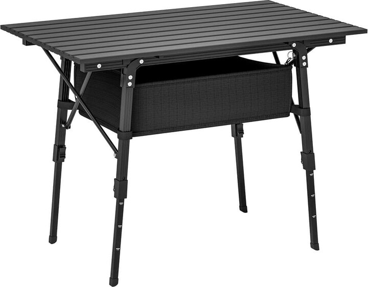 21.7 in. Portable Camping Adjustable Height Rectangle Aluminum Small Folding Picnic Tables Table with Storage Bag, Black