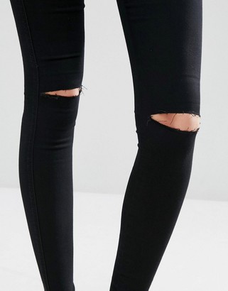 ASOS Tall ASOS TALL Rivington Denim High Waist Jeggings In Black with Two Ripped Knees
