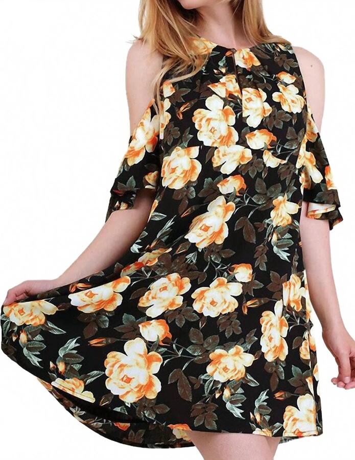 umgee Floral Cold Shoulder Dress In Black
