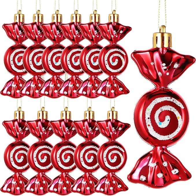 Threan 12 Pieces Christmas Candy Ornaments Hanging Glitter Candy Cane Ornaments Christmas Tree Candy Peppermint Ornaments with Golden Ropes for Xmas Party Home Decorations (Red)