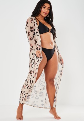 Missguided Plus Size Sand Leopard Print Mesh Maxi Beach Kimono