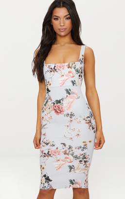 PrettyLittleThing Grey Floral Square Neck Tie Back Midi Dress