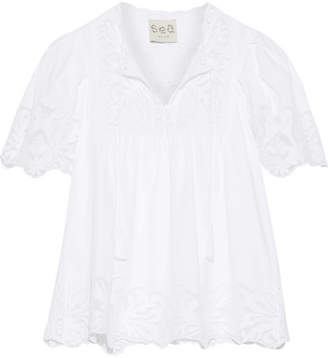Sea Crochet And Tulle-trimmed Cotton-poplin Blouse - Off-white