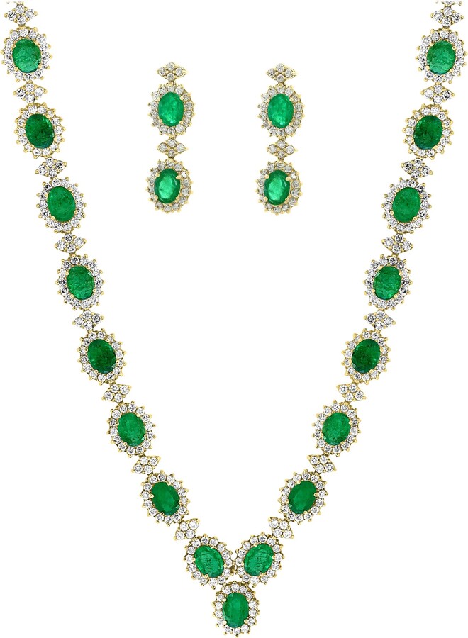 1stDibs 37 Ct Oval Shape Natural Emerald & 22 Carat Diamond Necklace & Earring Suite