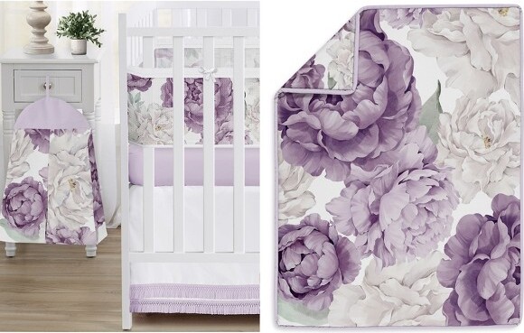 Sweet Jojo Designs SweetJojoDesignsGirlCribBedding+BreathableBabyBreathableMeshLinerBabyNurseryPeonyFloralGardenPurpleIvoryandGreen