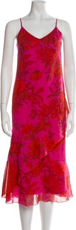 Max Mara Slip Dress Pink Floral Print Ruffle Embellishment Sleeveless with V-Neck Concealed Zip Closure at Back Designer