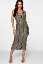Thumbnail for your product : boohoo Lace Up Metallic Knitted Midi Dress