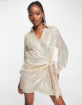 Thumbnail for your product : Style Cheat wrap tie sequin shirt dress in champagne