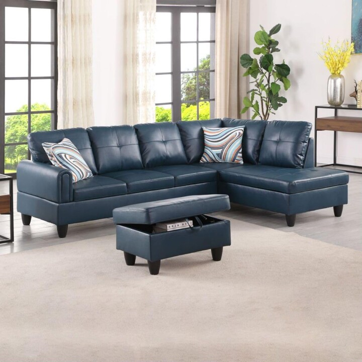 UOCFYK Dark Grey L-Shaped 3-Piece Faux Leather Sofa with Storage Ottoman Set