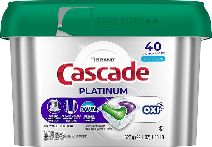 Cascade Platinum ActionPacs + Oxi Dishwashing Detergent Pods, Fresh Scent, 40 Pods/Box (57661/27425)