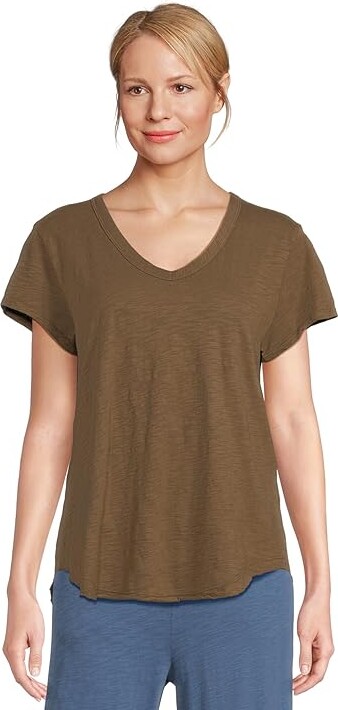 Mod-o-doc V-neck Short Sleeve T-Shirts With Curved Hem Women's Clothing Fern : LG (US 12-14), Cotton