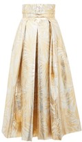 Thumbnail for your product : Sara Battaglia Belted High-rise Palm-leaf Brocade Midi Skirt - Gold Multi