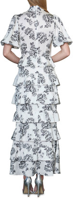 ML Monique Lhuillier Floral Tie-Neck Puff-Sleeve Tiered Ruffle Midi Dress