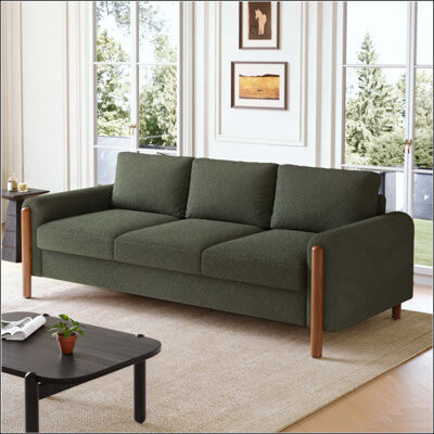 Latitude Run 3-Seater Sofa Curved Armrest With Integrated Solid Wood Legs Teddy Velvet Fabric High Weight Capacity (250 Lbs/Seat) Durable Solid Wood Frame